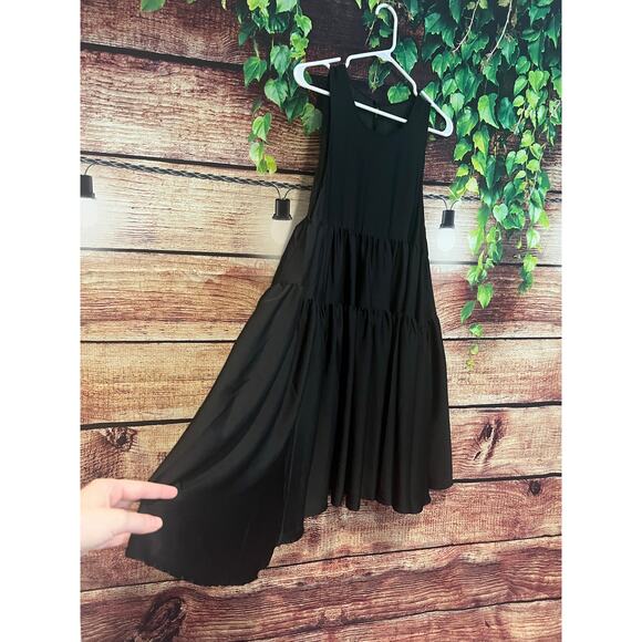 COS Midi Dress Tiered Black Sleeveless Satin Scoop Neck Womens Size 10 Large - Picture 2 of 9